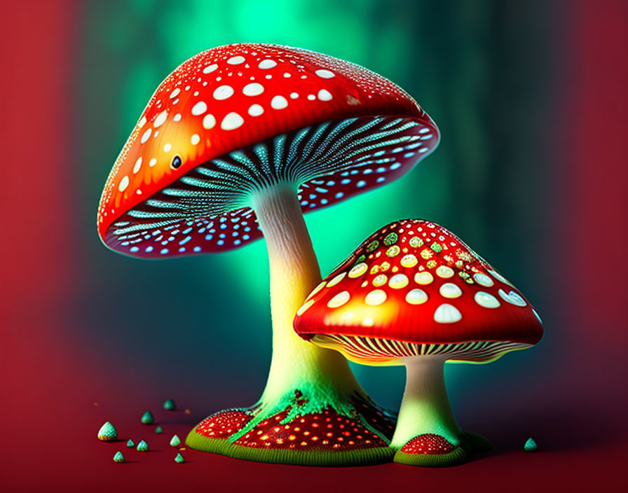 Stylized red mushrooms on green and red background