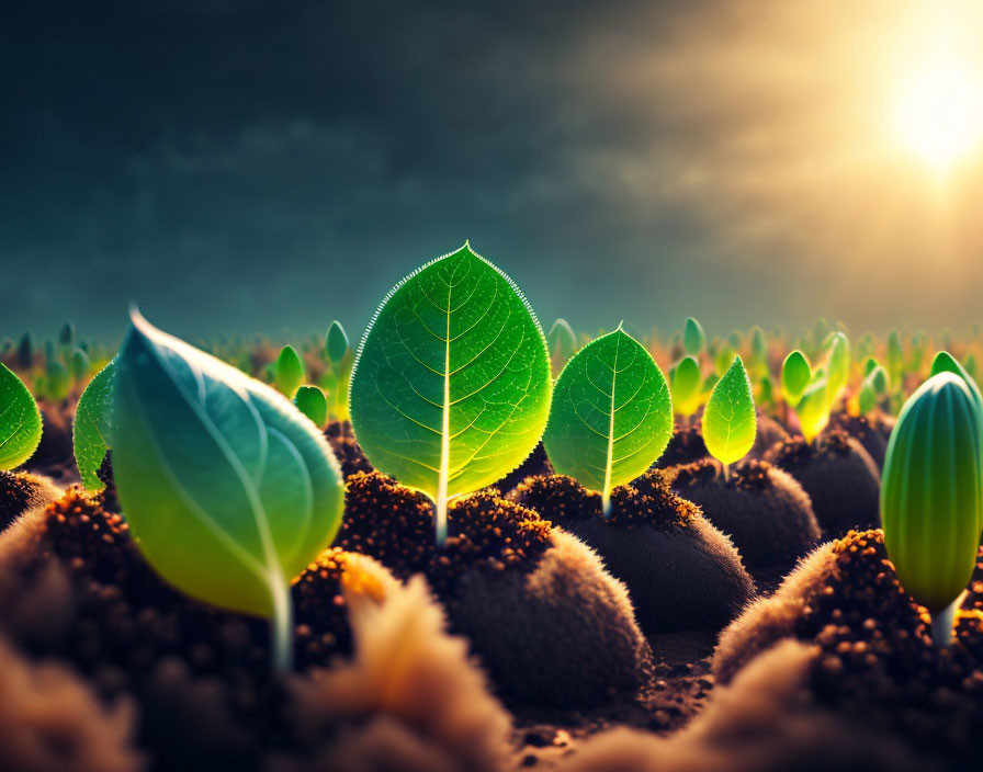 Vibrant green plants sprouting under warm sunlight