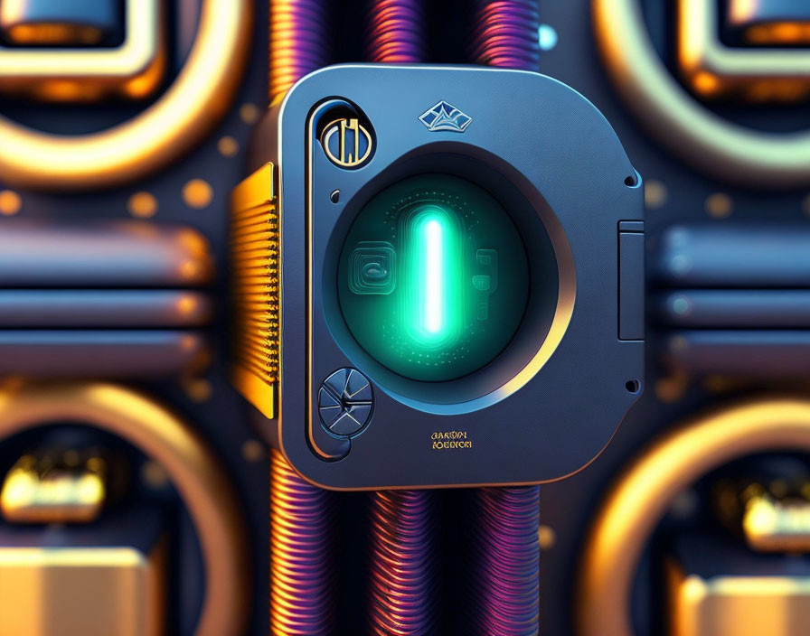 Futuristic robotic camera with glowing lens on blue and gold tech background