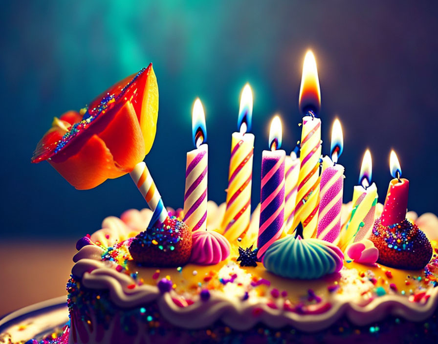 Vibrant birthday cake with lit candles and orange slice on bokeh background