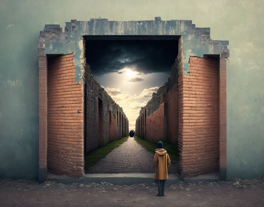 Person in Yellow Coat Standing at Open Doorway in Surreal Brick Alleyway