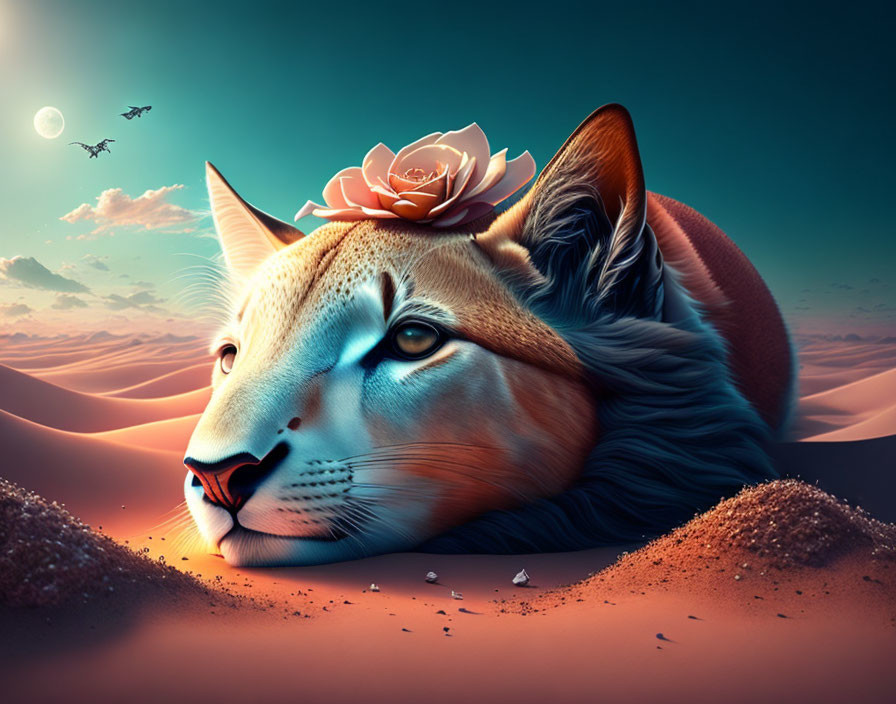 Giant cat with rose on head in desert landscape at sunset