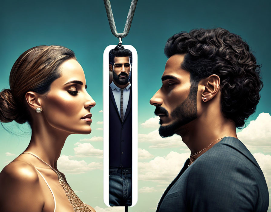 Stylized image of man, woman, and dog tag on teal background