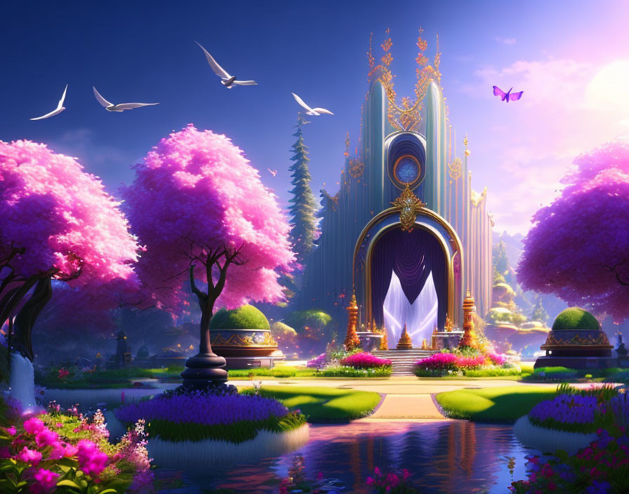 Vibrant pink trees and golden-gated structure in fantastical landscape