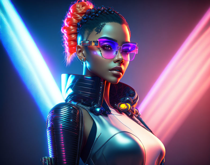 Futuristic woman with intricate hairstyle and chic sunglasses in sleek bodysuit against neon-lit backdrop