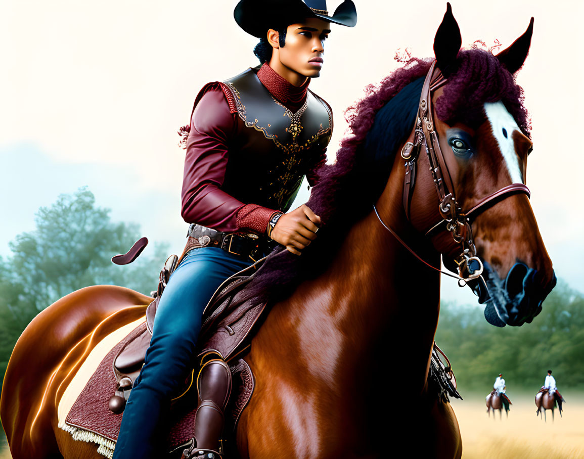 Digital artwork: Person in burgundy outfit riding chestnut horse with adorned horsemen.