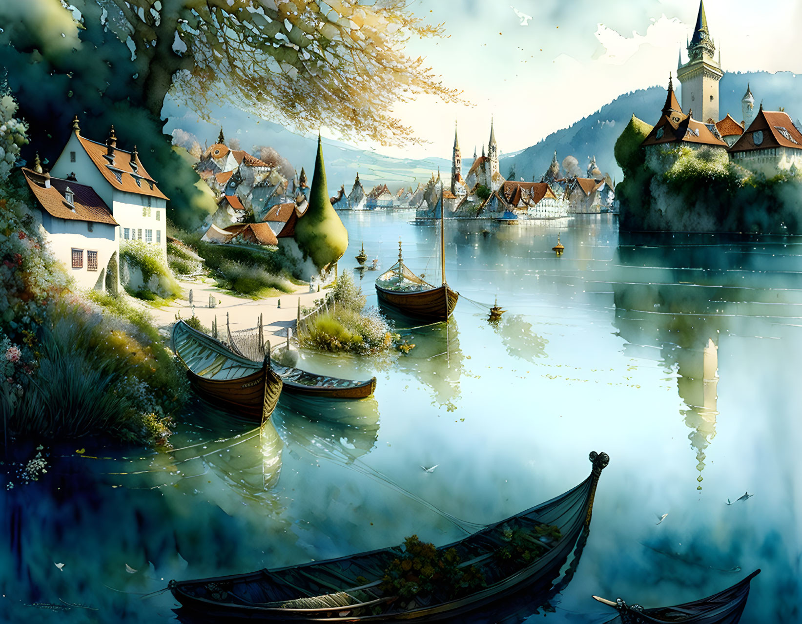 Tranquil fantasy landscape with boats, architecture hill, vibrant flora, and clear sky.