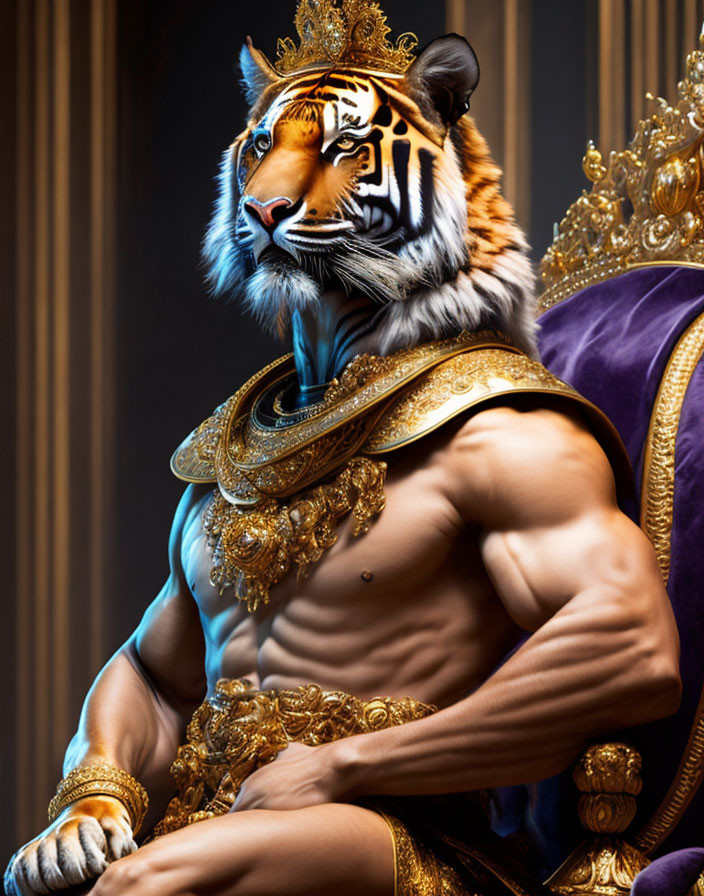 Muscular tiger-headed figure on golden throne with purple cushion