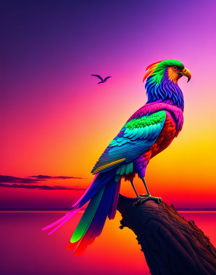 Colorful Rainbow Bird Perched on Tree Branch at Sunset