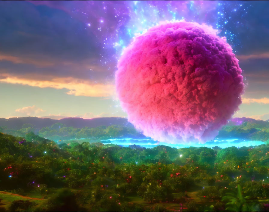 Colorful surreal landscape with pink celestial object above glowing forest