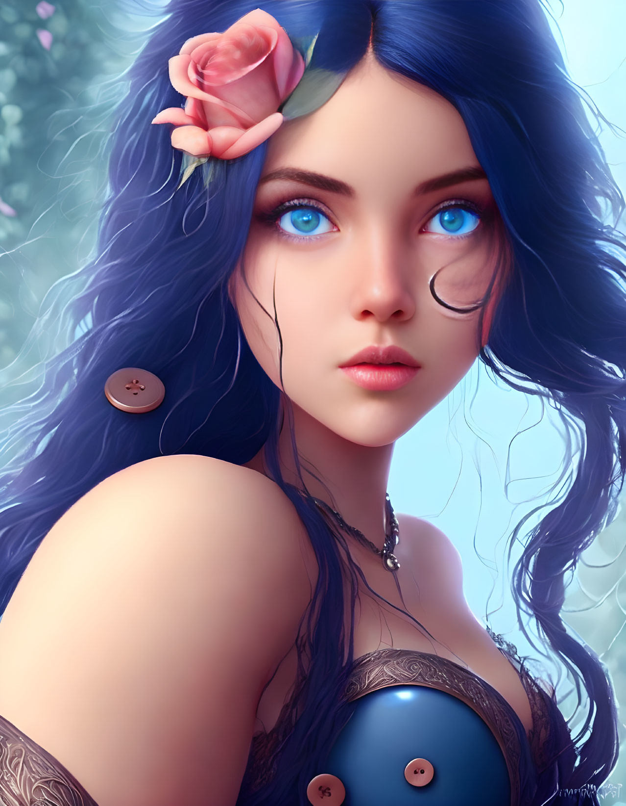 Digital artwork featuring woman with blue eyes, wavy blue hair, rose, navy top