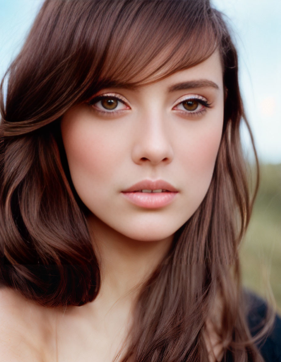 Brown-haired woman with brown eyes in light makeup against blurred natural backdrop