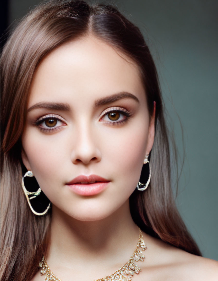 Portrait of woman with brown hair and eyes, circular earrings, gold necklace, soft-focused background