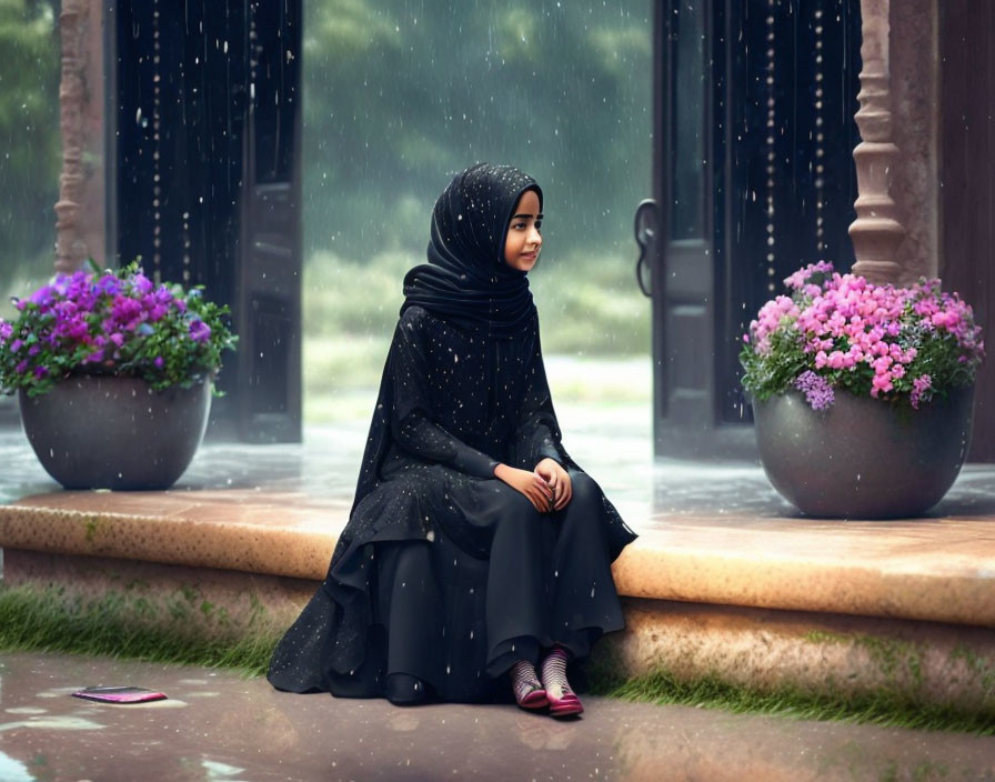 Person in black hijab smiling in rain next to door and purple flowers