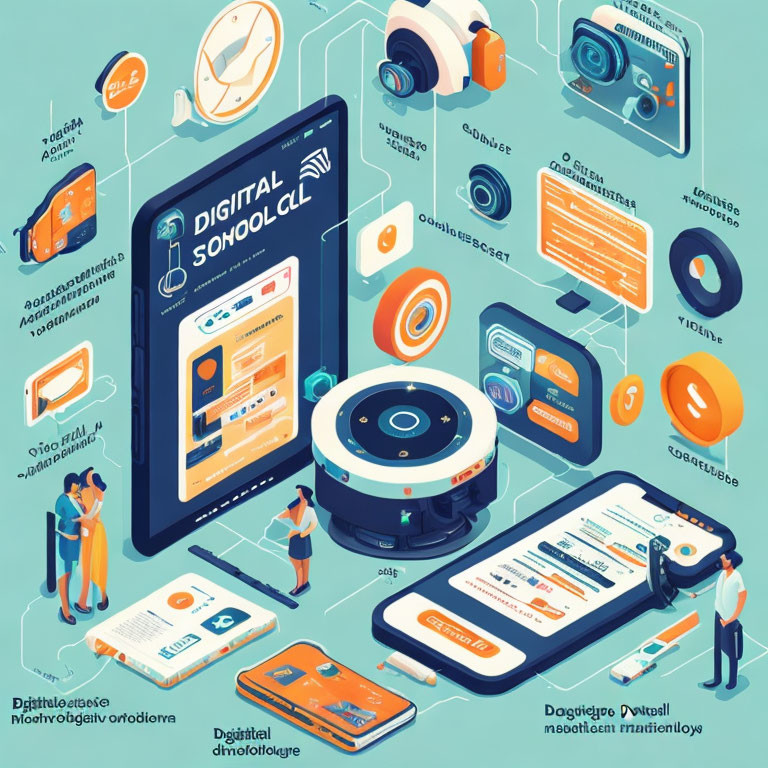 Isometric infographic of digital school elements