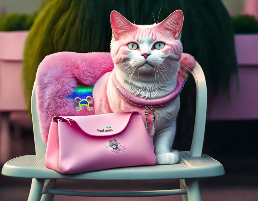 Pink-striped cat with blue eyes beside pink handbag on white chair with rainbow emblem, pink furry coat