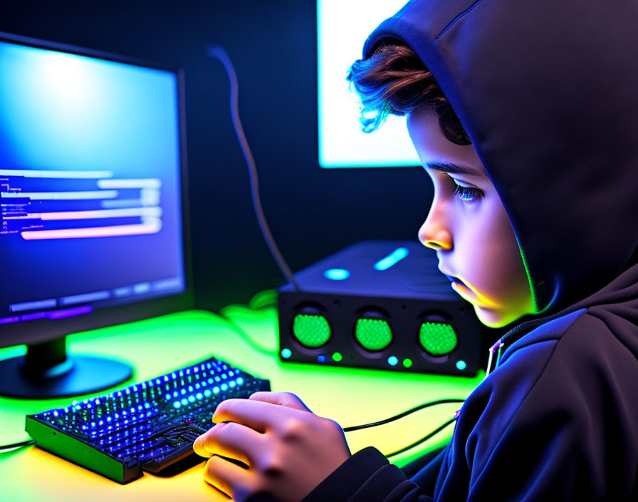 Child in Hoodie Engrossed in Glowing Computer Screen in Dark Room