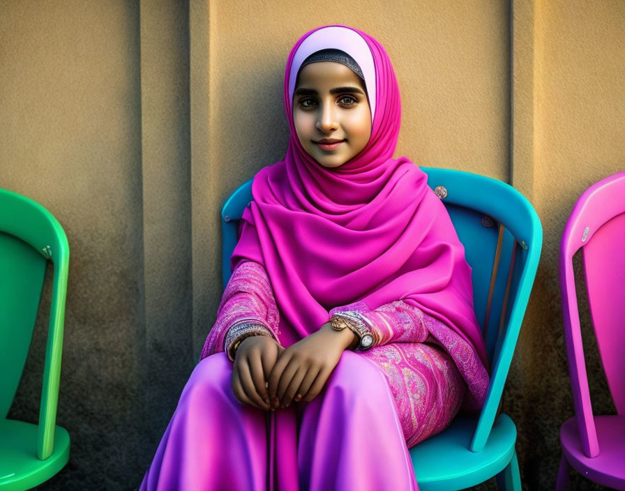 Girl in vibrant pink hijab and dress smiling on blue chair against yellow wall