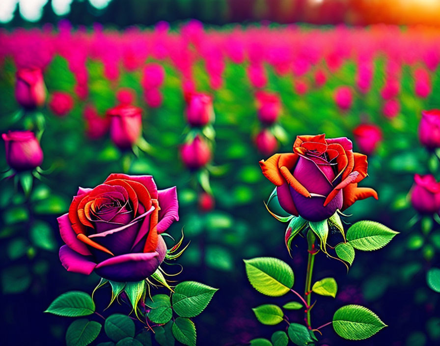 Colorful Blooming Roses Close-Up in Vibrant Field