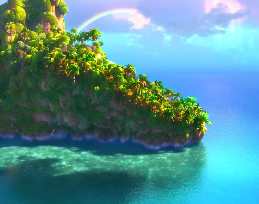 Tropical island with lush vegetation, blue water, and rainbow