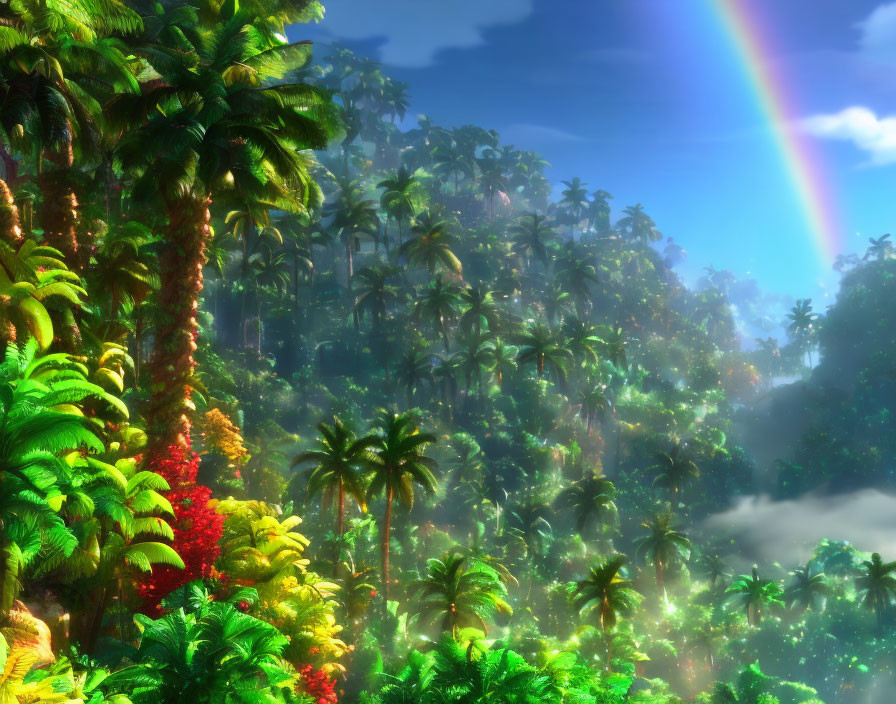 Vibrant tropical rainforest with mist and rainbow in blue sky