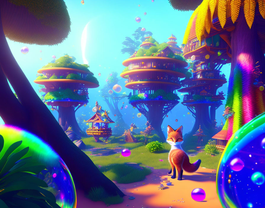 Whimsical forest scene with mushroom houses, fox, orbs, and colorful vegetation