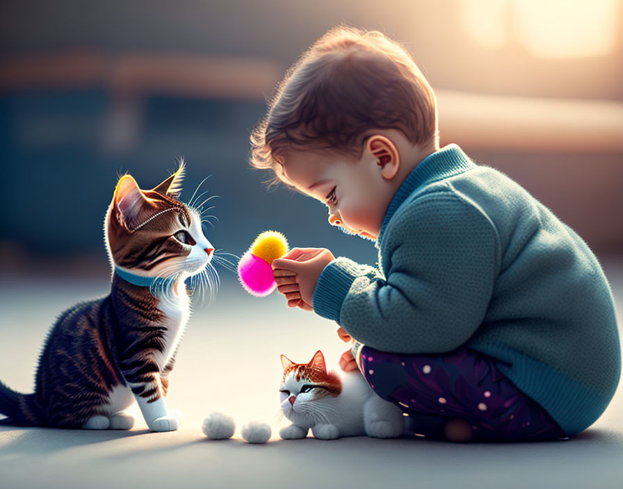 Toddler in Blue Sweater Showing Colorful Ball to Tabby Cat