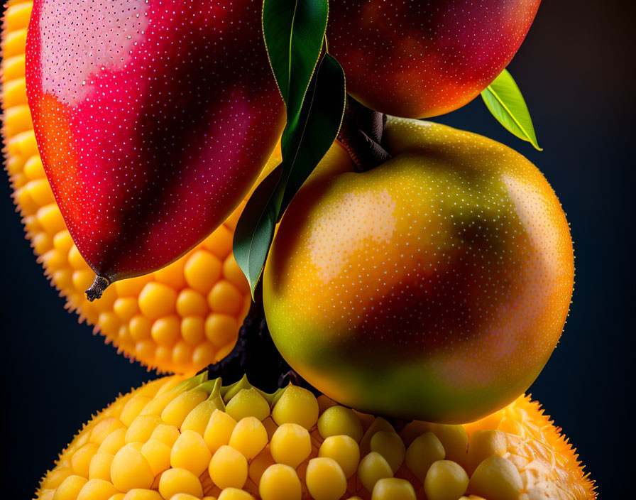 Fresh ripe mangoes and arhat fruit stack on dark background