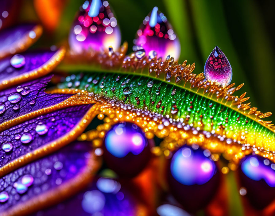 Vibrant multicolored leaf with water droplets on blurred background