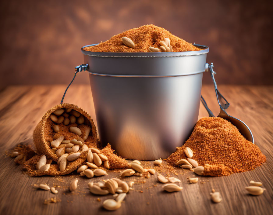 Bucket of Ground Spices and Whole Nuts on Wooden Surface