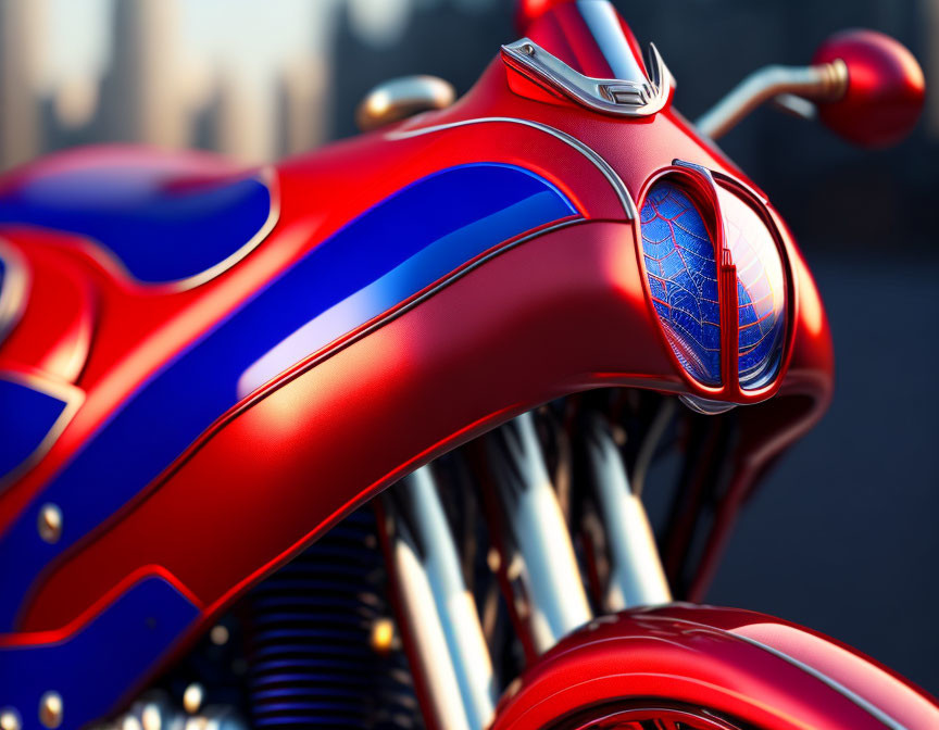 Vibrant red and blue motorcycle tank with chrome gas cap, intricate designs, reflections, blurred background