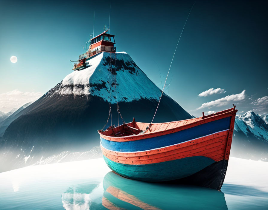 Colorful boat on icy surface by lighthouse-topped mountain