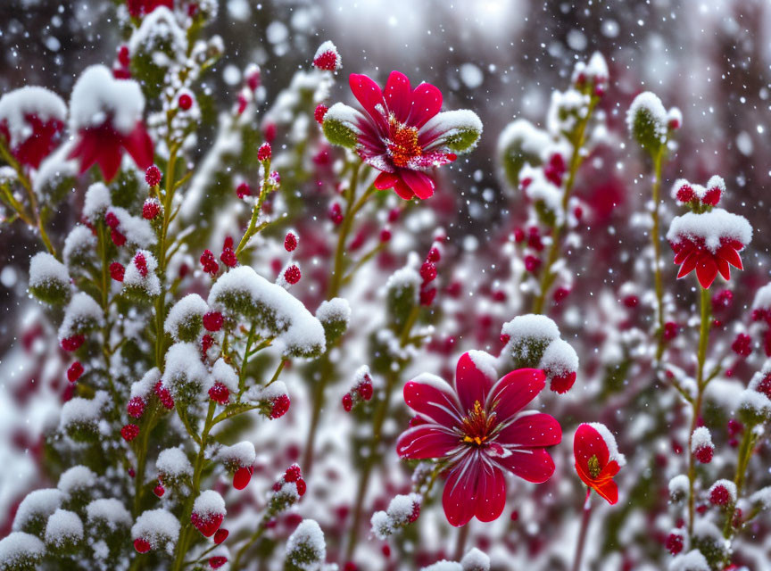 Vibrant red flowers in snow-covered scene