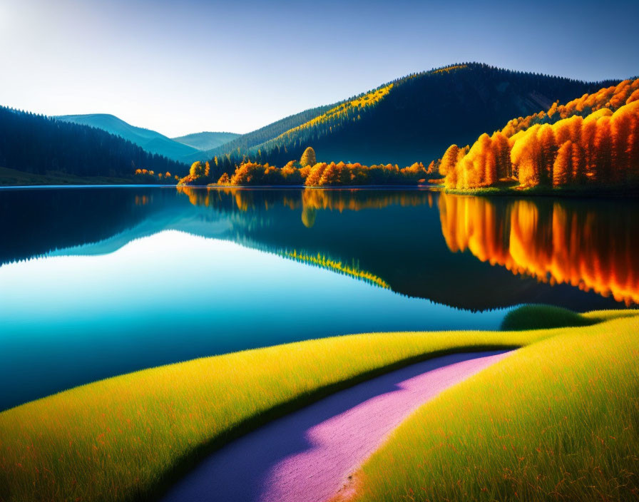 Colorful Autumn Landscape with Reflective Lake and Forested Hills