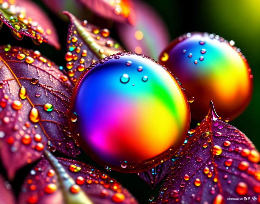 Vibrant leaves with colorful spheres and water droplets reflecting rainbow light