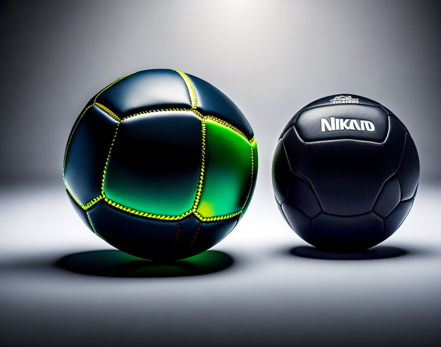 Two soccer balls: one brightly colored, one plain black with "NIKAD" brand visible