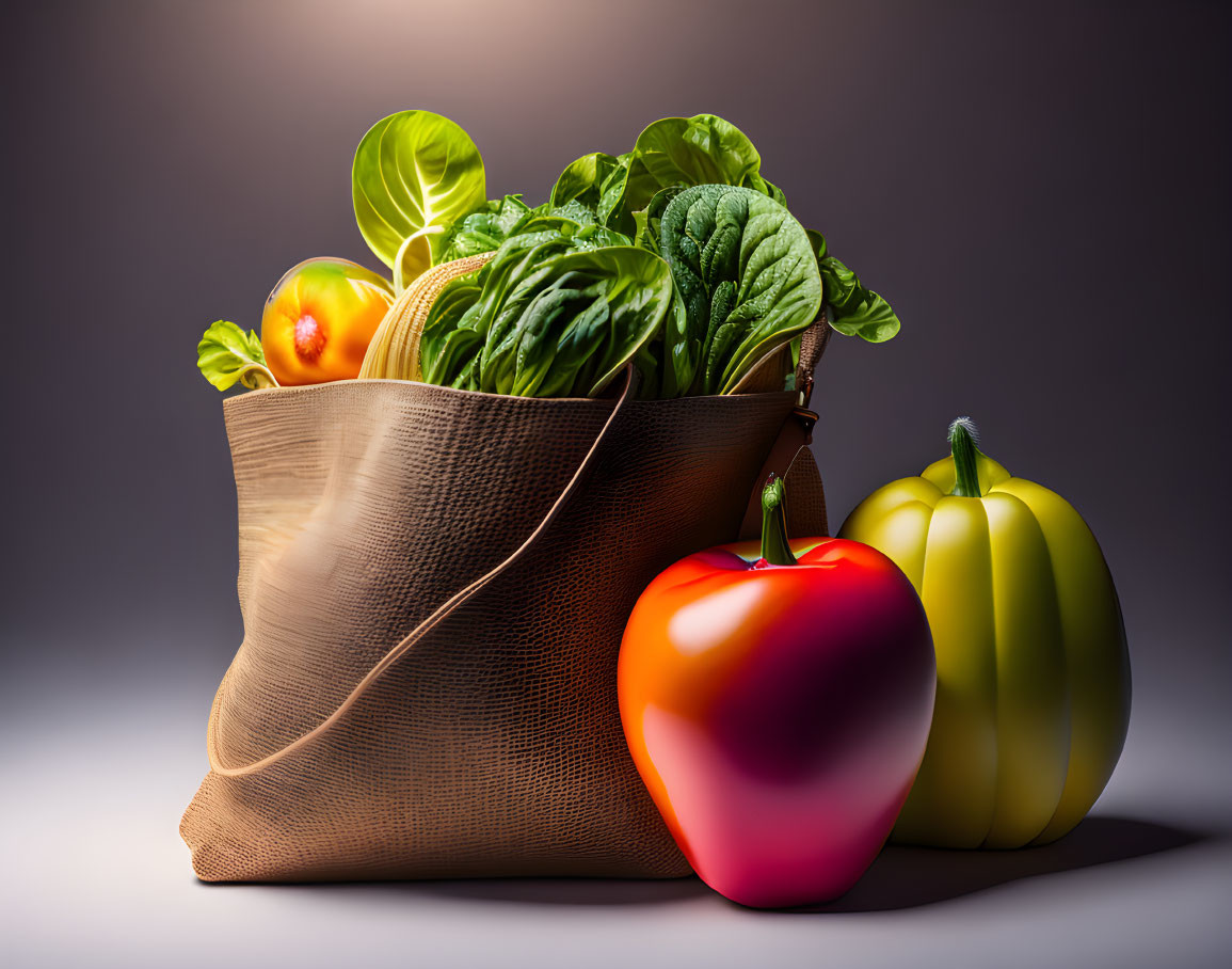 Fresh produce in reusable shopping bag on gradient background