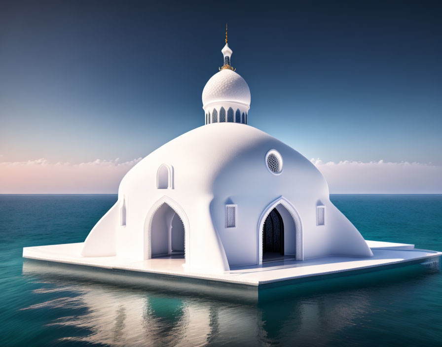 Dome-shaped white structure on platform above blue waters