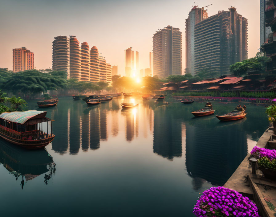 Tranquil river at sunrise with traditional boats, modern high-rises, and lush greenery