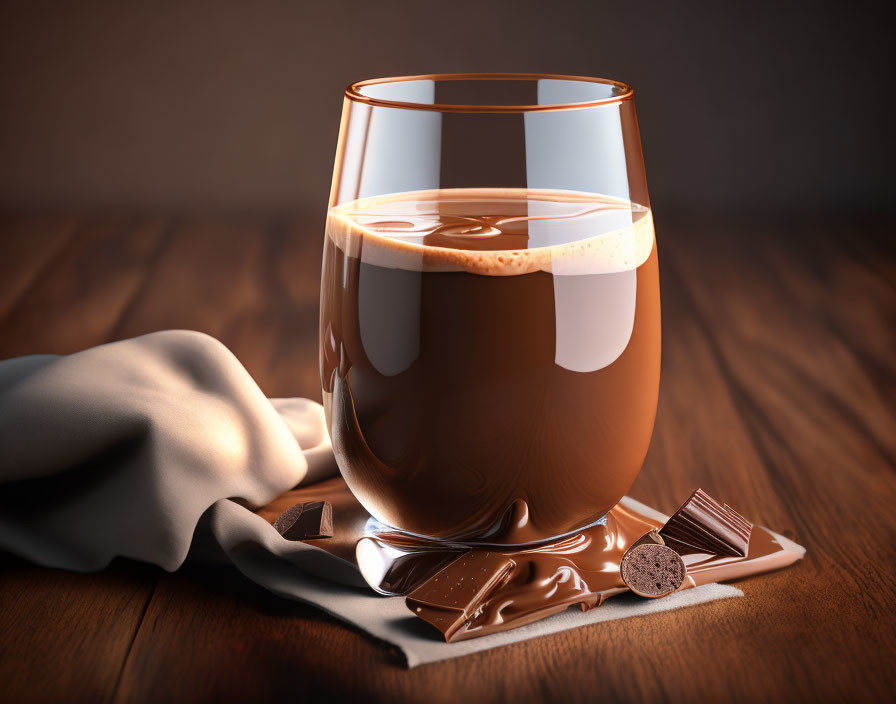 Chocolate milk glass with creamy foam on wooden surface and chocolate pieces