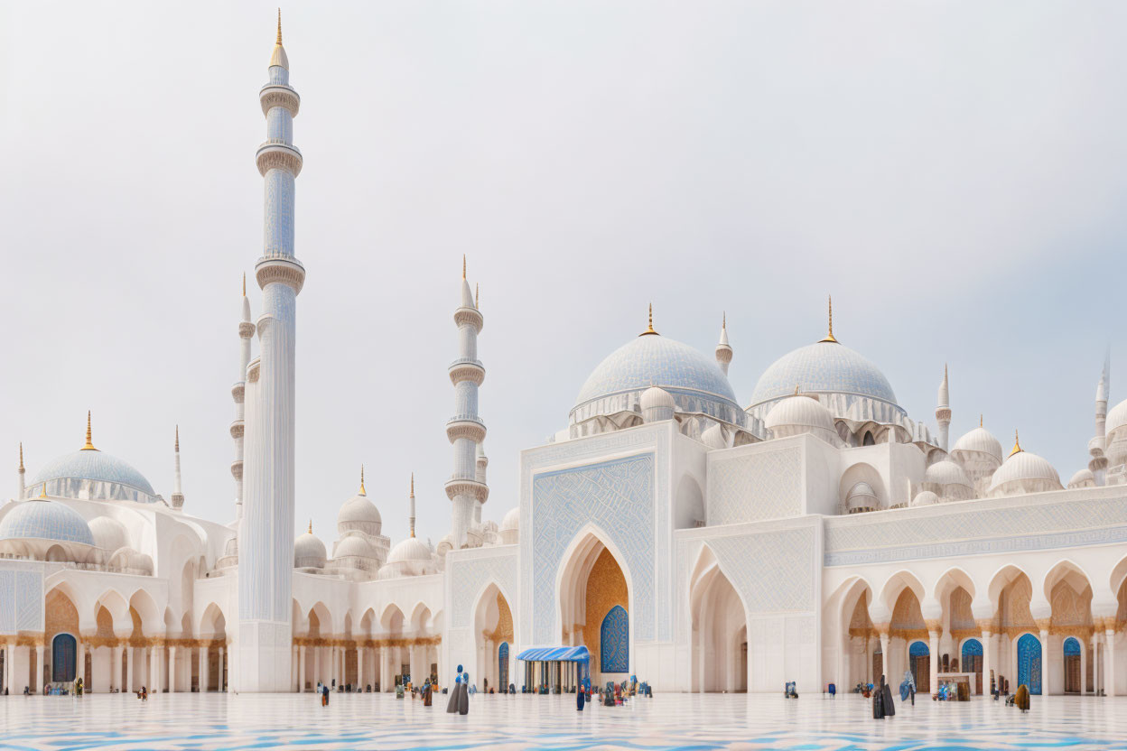 Mosque with multiple domes and minarets, intricate architecture, visitors, clear sky