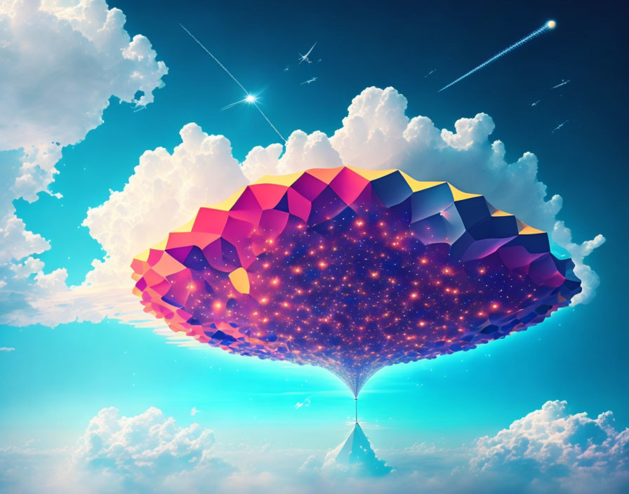 Vibrant geometric cloud with stars in blue sky and water reflection