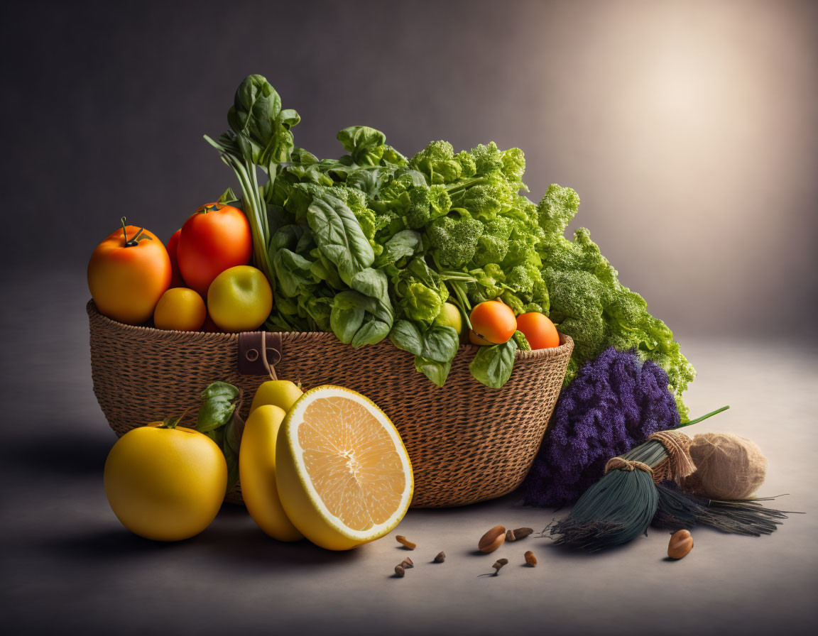 Fresh Vegetable Basket with Tomatoes, Greens, Lemons, Nuts, and Herbs