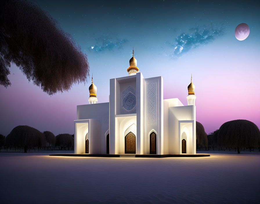 Mosque with domes and minarets in twilight desert scene