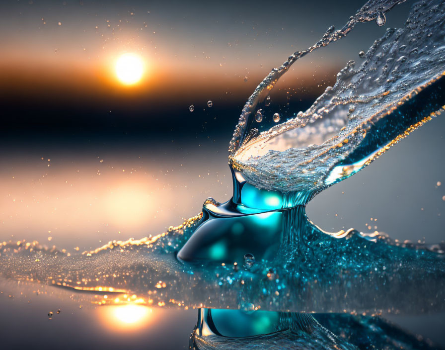 Close-up Water Splash with Sparkling Droplets Backlit by Sunset