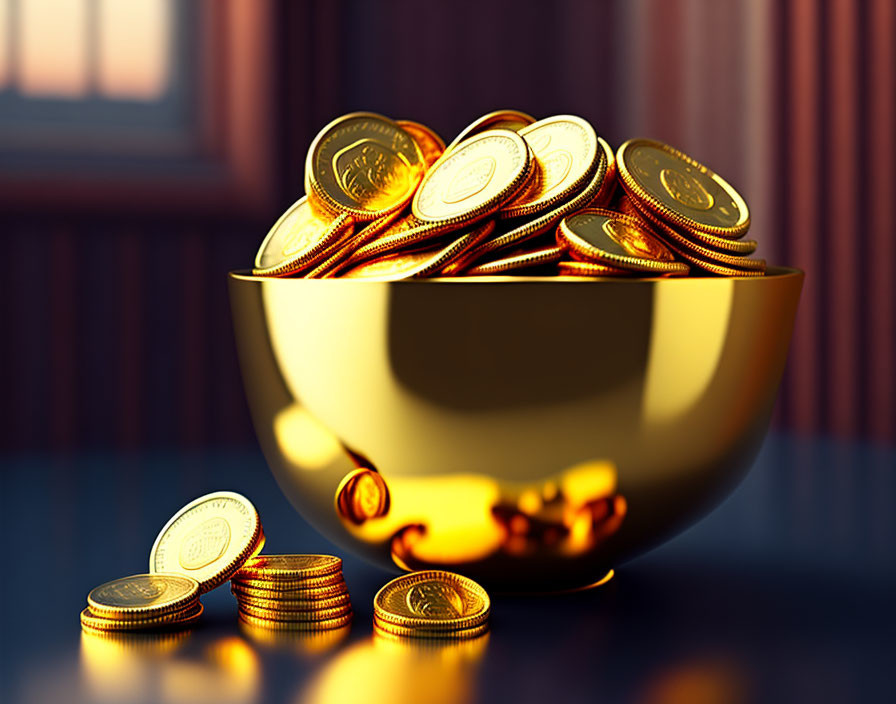 Golden bowl of coins on wooden surface in front of library background.