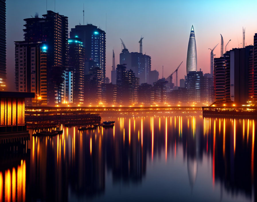 Cityscape at Dusk: Skyscrapers Reflecting in Calm Waters