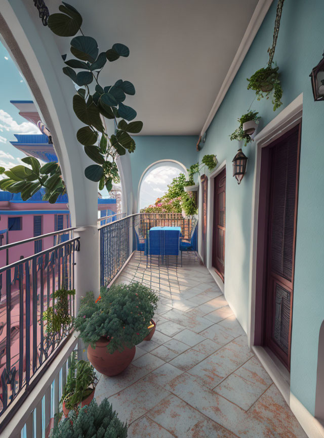 Vibrant neighborhood view from sunny balcony