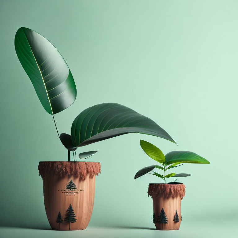 Terracotta pots with fur-like fringe and pine tree motifs on teal background