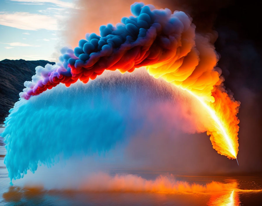 Colorful Smoke Plume Reflecting on Water Against Mountain Backdrop at Dusk